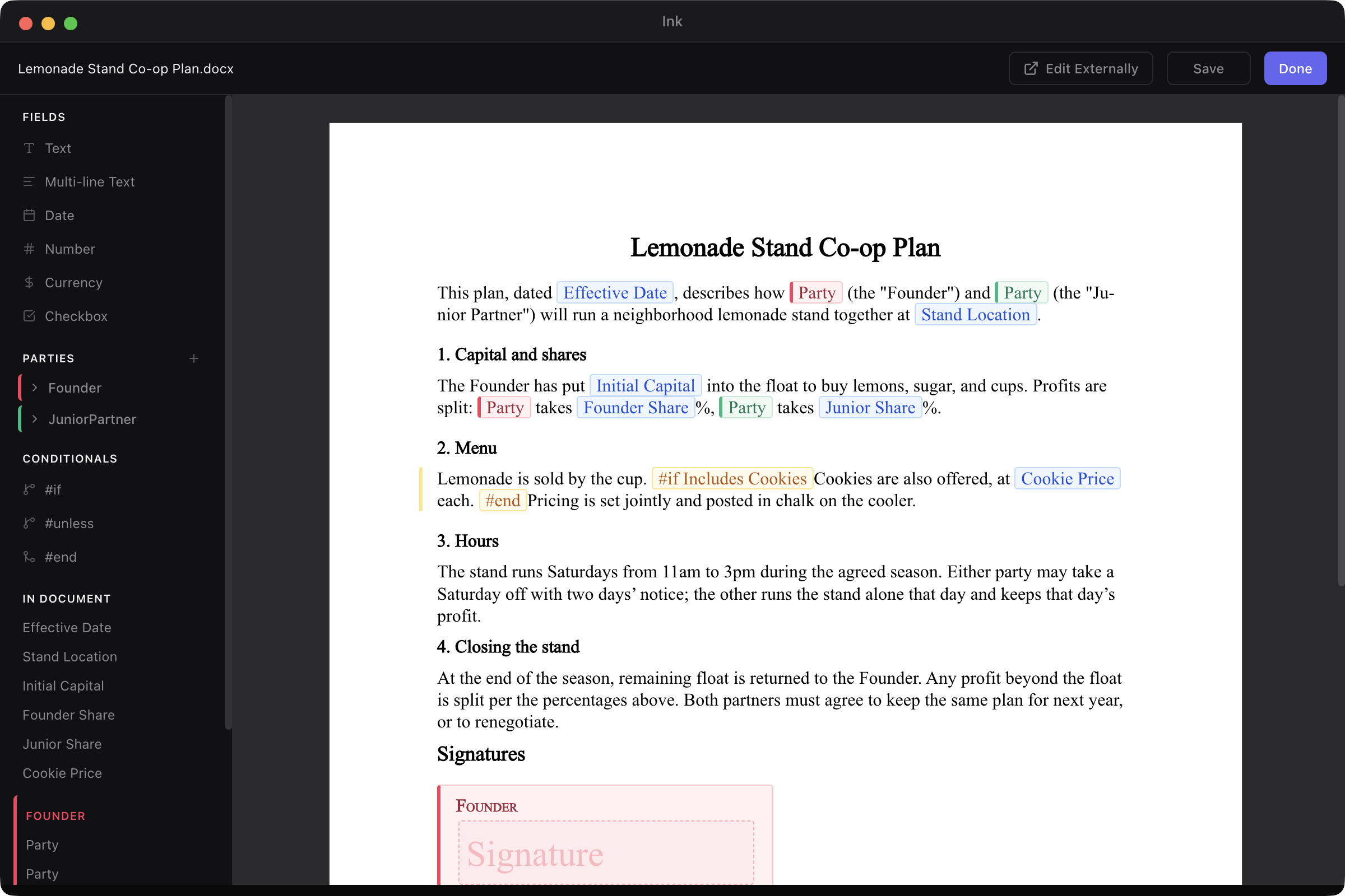 Screenshot: Ink desktop app showing the Lemonade Stand Co-op Plan template with fields, parties, and conditionals